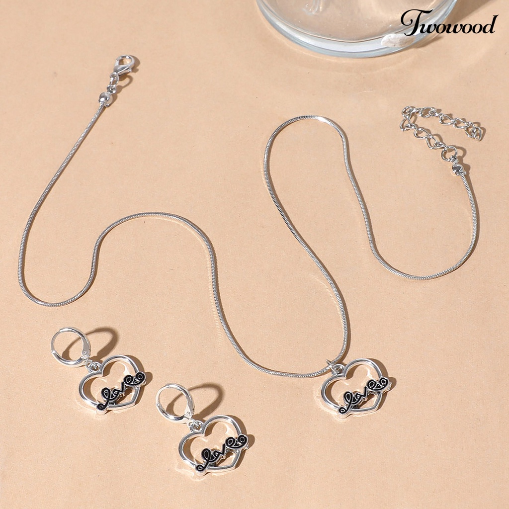 Twowood Set Kalung Eye-catching Bahan Alloy Pengerjaan Halus Bentuk Hati Cincin Telinga Menjuntai Set Untuk Harian