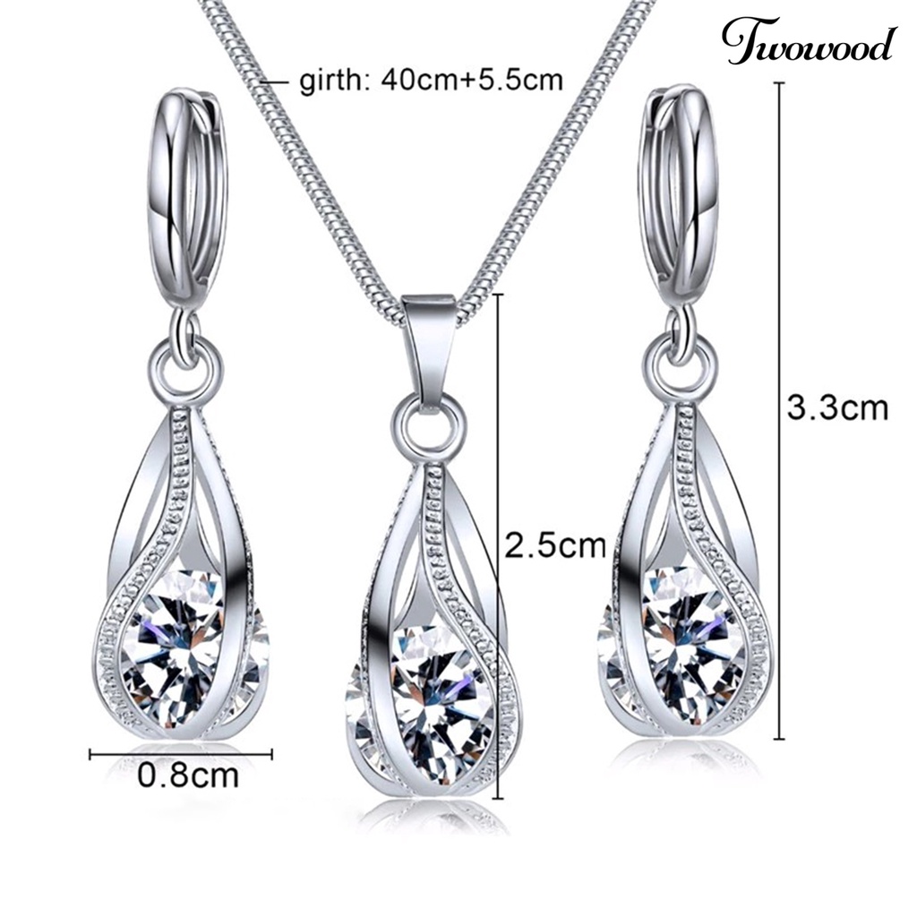 Twowood 1set Liontin Anting Berlian Imitasi Cubic Zirconia High Gloss Temperamen Geometris Dekorasi Shinny Fashion Spiral Berbentuk Kalung Set Wanita Aksesori