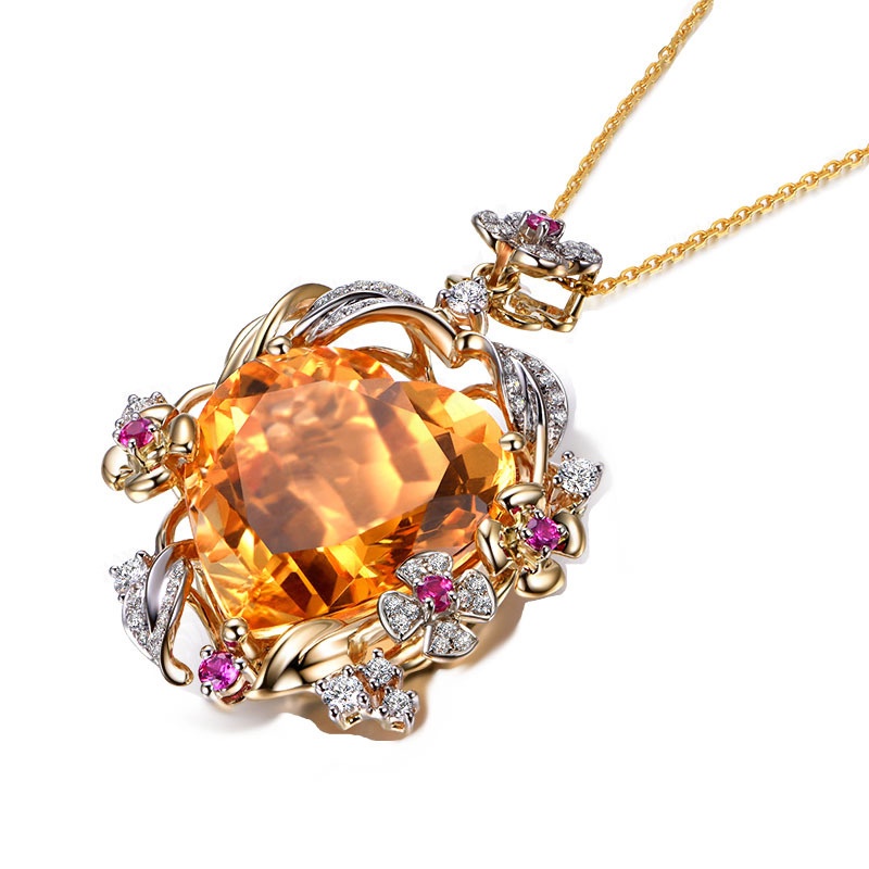 Goldkingdom Fashion Perhiasan Aksesoris Ready Stock Brasil Natural Citrine Heart Pendant 20x20 Oversized Plaid Face Bird's Nest Cut Color Treasure Necklace