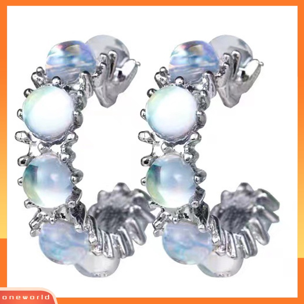 [OWR] 1pasang Ear Studs Bentuk Batu Permata Elegan Mengkilap Serbaguna Dress Up Alloy Manis Keren Gadis Moonstone Anting Perhiasan Fashion