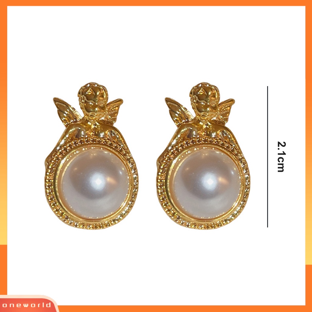 [OWR] 1pasang Ear Studs Golden Angel Elegan Temperamen Geometris Bulat High Gloss Mutiara Imitasi Wanita Anting Perhiasan Aksesoris