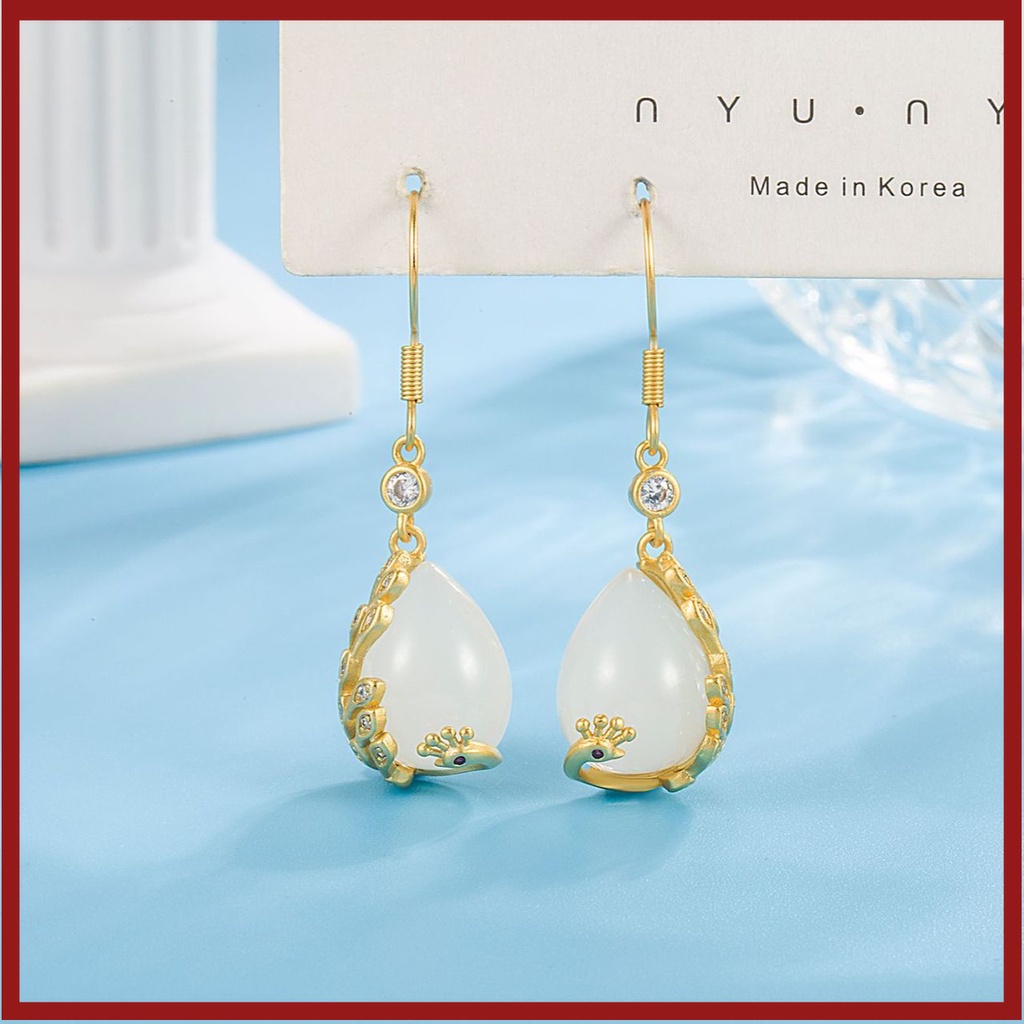 Anting Giok Hetian Merak Retro Pengadilan Gaya China Lama Tidak Luntur U1225