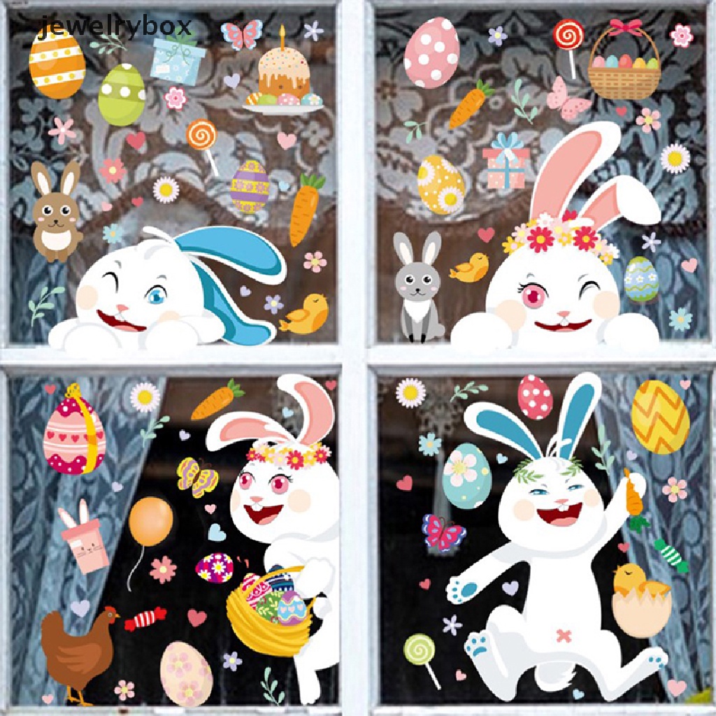 [jewelrybox] Stiker Jendela Kaca Happy Easter Colorful Bunny Eggs Wall Sticker 25x35cm Butik