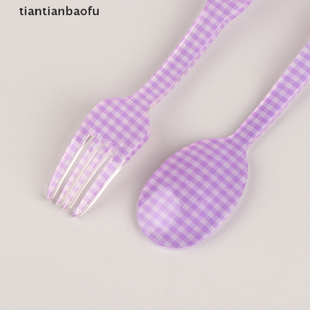 [tiantianbaofu] 2pcs/set Gaya Perancis Retro Kotak-Kotak Dessert Spoon Fork Sendok Pencampuran Plastik Butik