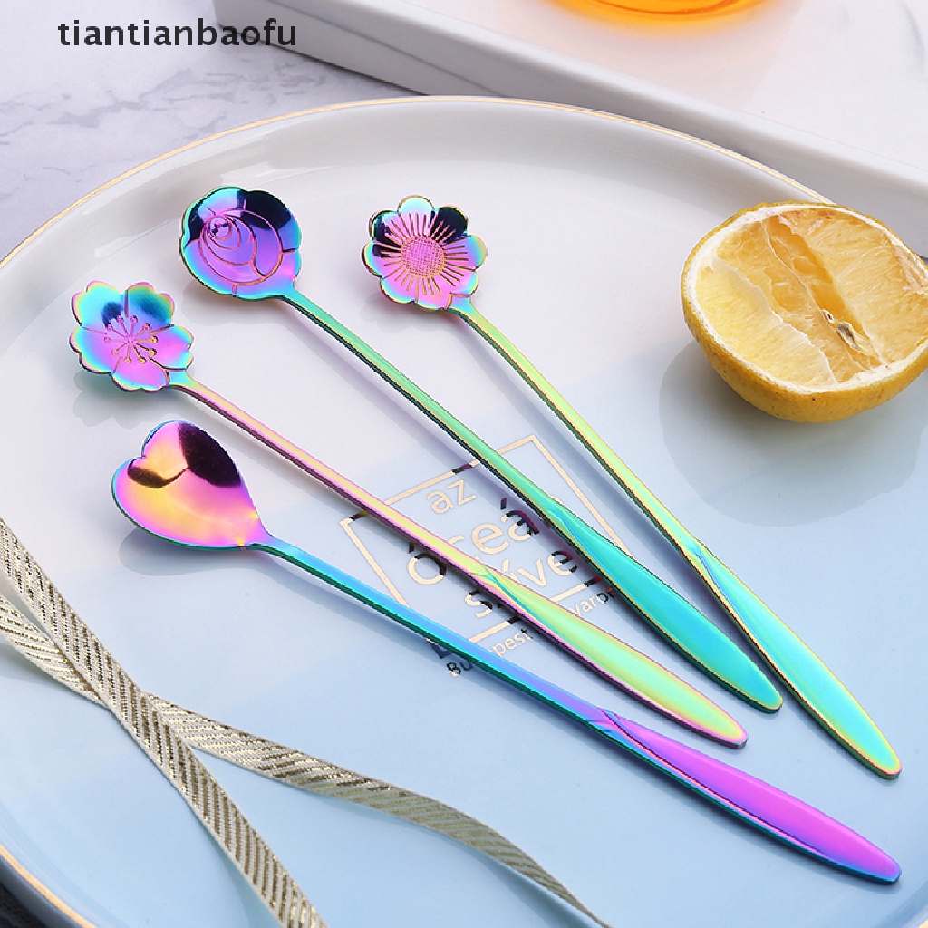 [tiantianbaofu] 4pcs/set Sendok Pencampuran Bunga Kecil Sendok Teh Stainless Steel Sendok Kopi Butik