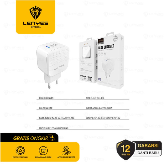 Travel Adapter Kepala Charger Lenyes LCH361 Fast Charging PD20W Type C original kabel cable casan travel charger tc android usb charger micro usb type c batok kepala charger