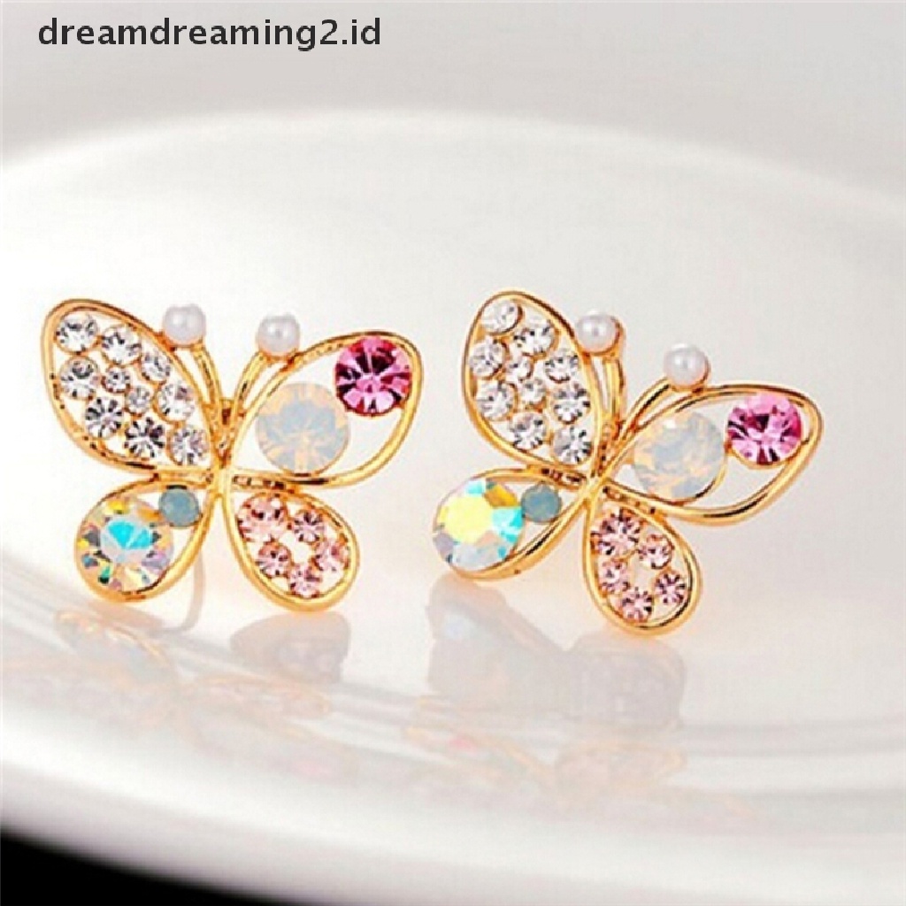 (hot) Ladies Chic Indah Kristal Berlian Imitasi Berongga Kupu-Kupu Ear Stud Earrings Hadiah//