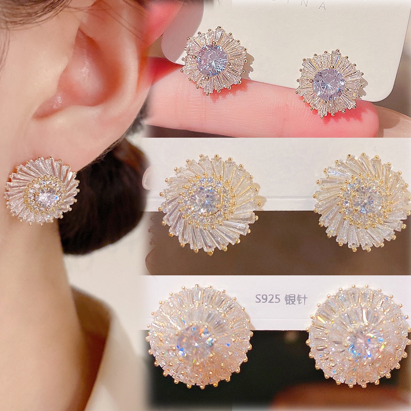 Anting Kristal Bunga Matahari Bergaya Dan Elegan Multi-diamond Flower Stud Earrings Wanita Anting Pin Perak Serbaguna