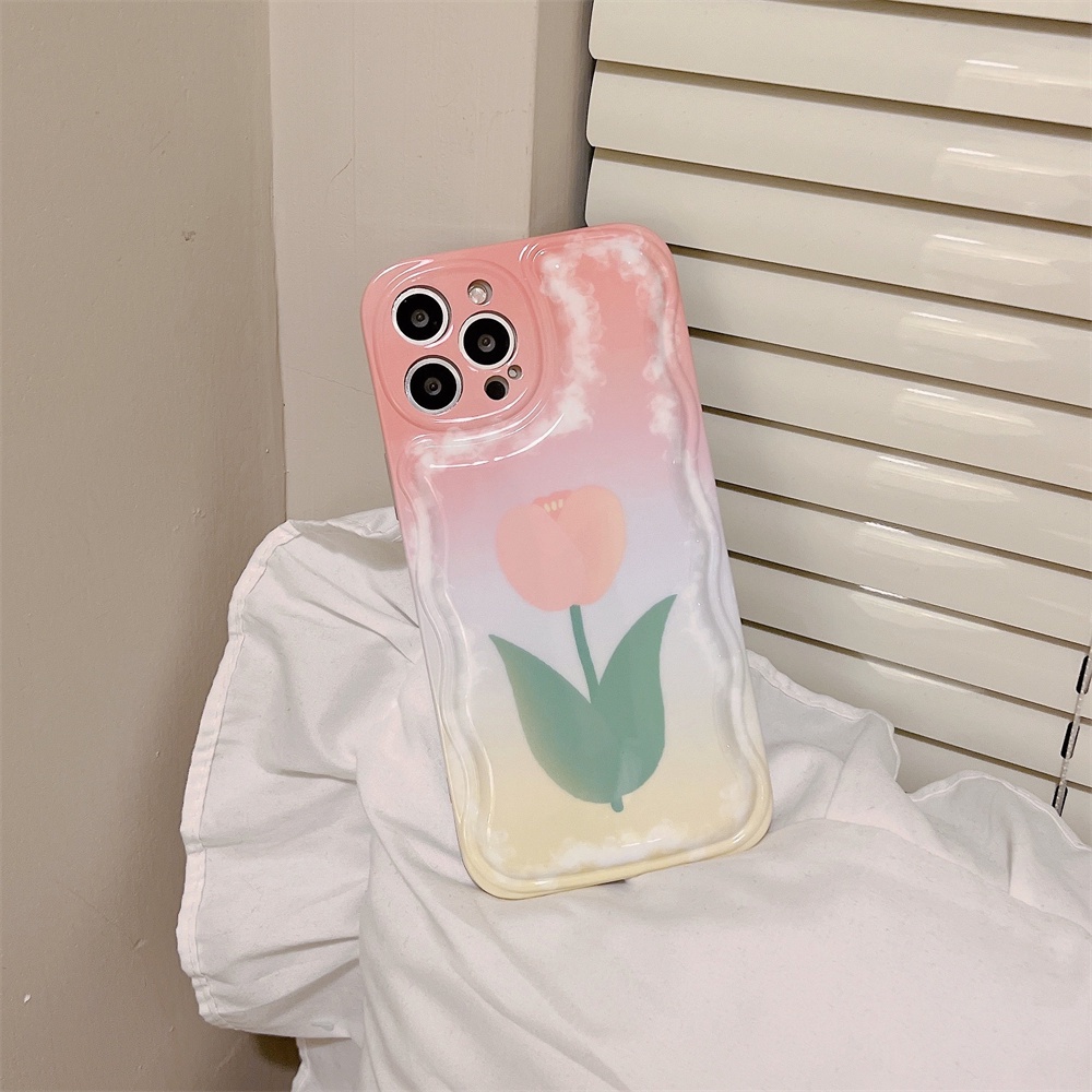 IPHONE Kartun Bunga Tulip Lucu Gelombang Poin Bening Casing Ponsel Untuk Iphone11 12 13 14 Pro MAX X XS XR 78 Plus SE Fashion Transparan Shockproof Cover