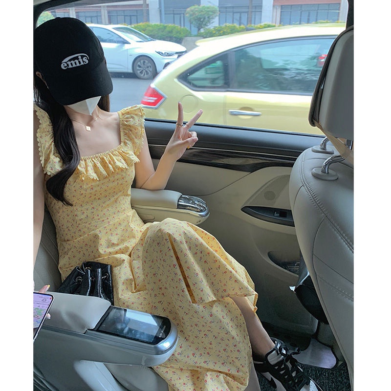 Red 2022 musim panas baru gaya Korea gaun wanita angin lembut tanpa lengan bunga kerah persegi ramping panjang rok a-line wanita