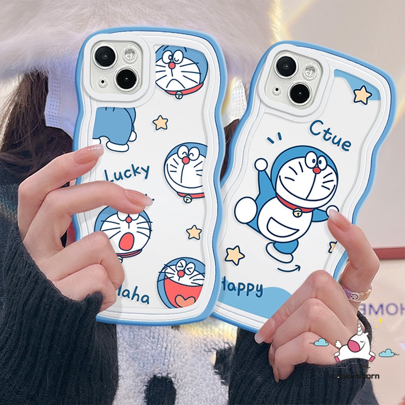 Case Pasangan Kartun Doraemon Kompatibel Untuk iPhone 7Plus 13 12 11 14 Pro Max XR 6 8 6s 7Plus XS X Max14 Plus SE 2020 Ekspresi Kucing Yang Indah Tepi Bergelombang Casing Ponsel Tpu Lembut