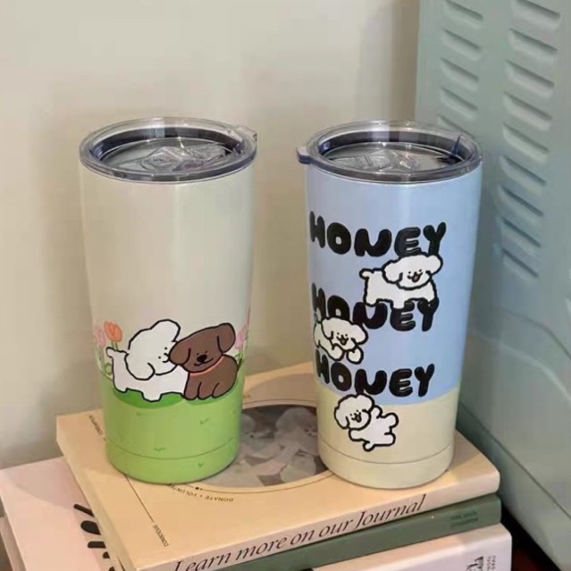 PREMIUM QUALITY TERMOS MOTIF PUPPY TULISAN HONEY / TUMBLR ESTETIK KOREA / BOTOL MINUM UNIK / CANGKIR MINUM KOPI BAHAN STAINLESS STELL 304 KAPASITAS 550ML DENGAN SEDOTAN / HONEY TUMBLR 550ML / TUMBLR KOPI TEH CUP STAINLESS