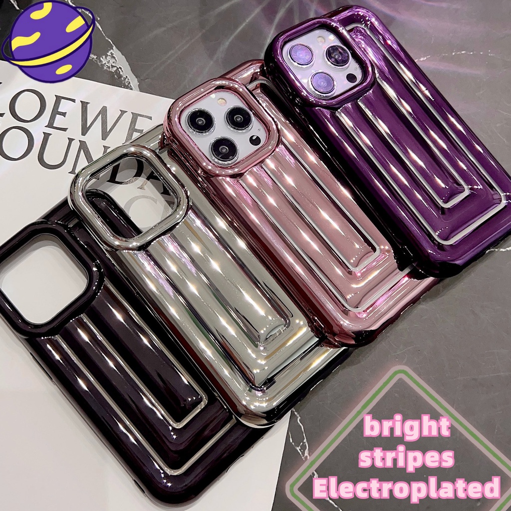 IPHONE Casing Glossy Electroplated Cocok Untuk Iphone14 13 12 11 Pro Max 14Plus Full Set Bergaris TPU Tertutup Casing Ponsel Lembut