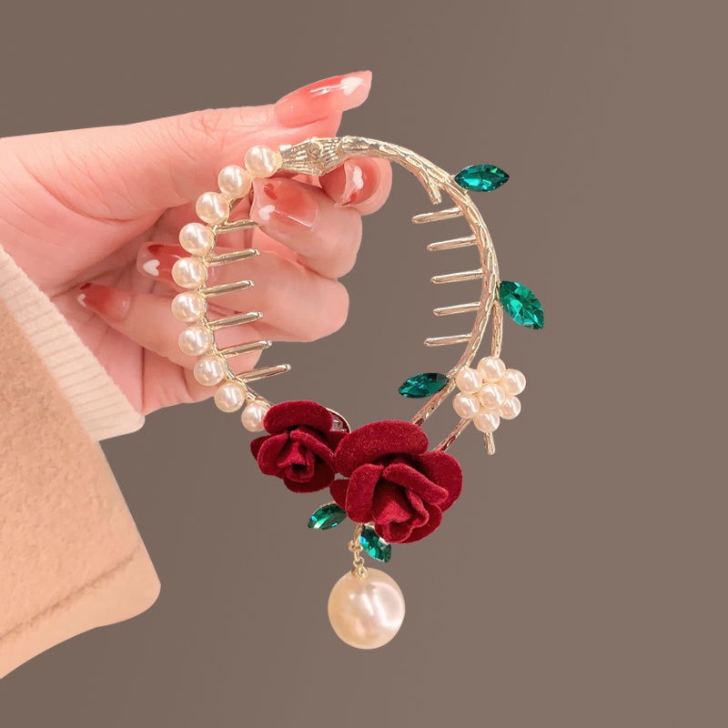 Temperamen Mutiara Berlian Imitasi Bunga Klip Rambut Alloy Ponytail Hair Clip Aksesoris Rambut Wanita