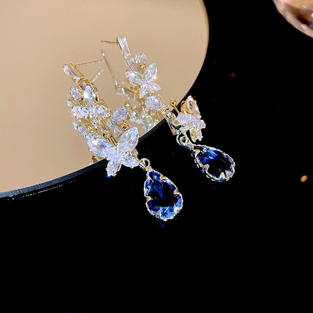 Deartiara Korea Cahaya Mewah Premium Anting Tetesan Kupu-Kupu Indah Micro Set Zirkon Anting Temperamen Biru