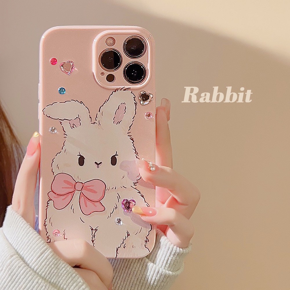 IPHONE Cute Pink Bunny Kelinci Perlindungan Penuh Lembut Casing Ponsel Cover Dengan DIY Berlian Imitasi Stiker Untuk Iphone11 12 13 14 PLUS PRO MAX