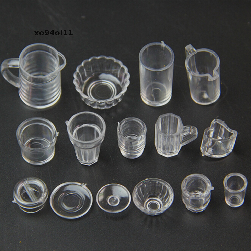 Xo 15pcs/Set Cangkir Minuman Transparan Mini Piring Piring Peralatan Makan Miniatur OL