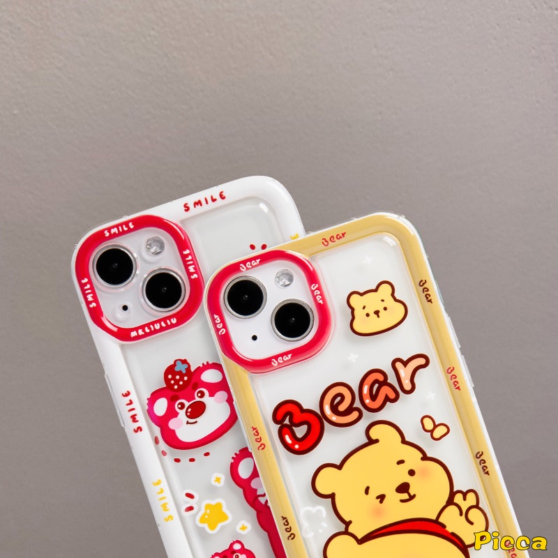 IPHONE Kartun Winnie the Pooh Couple Case Kompatibel Untuk Iphone7 8 Plus XR 11 14 13 12 Pro Max X XS Max6 8 7 6s Plus SE 2020 Cute Strawberry Bear Manyo Lembut Tpu Airbag Shockproof Cover