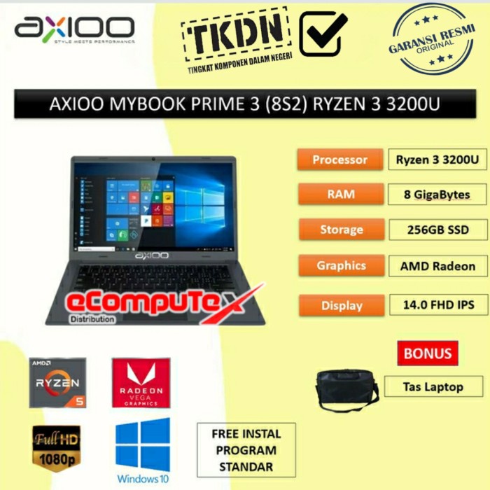 LAPTOP AXIOO MYBOOK PRIME 3 (8S2) RYZEN 3 8GB 256GB 14&quot;FHD TKDN GARANSI RESMI