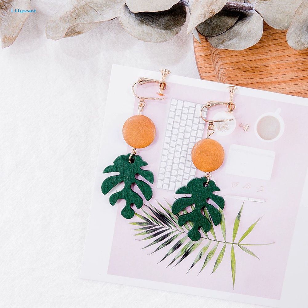 Lilyscent Bohemian Kayu Monstera Daun Menjuntai Wanita Stud Earrings/Klip Telinga Perhiasan Hadiah