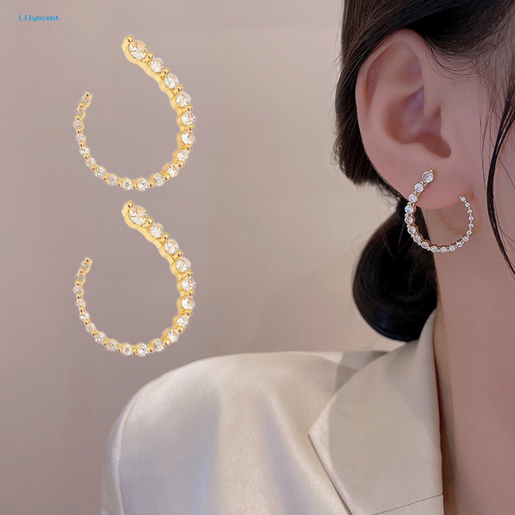 Lilyscent 1pasang Tembaga Wanita Anting Fashion Perhiasan Berlian Imitasi Berkilau Wanita Open Hoop Earrings Geometric