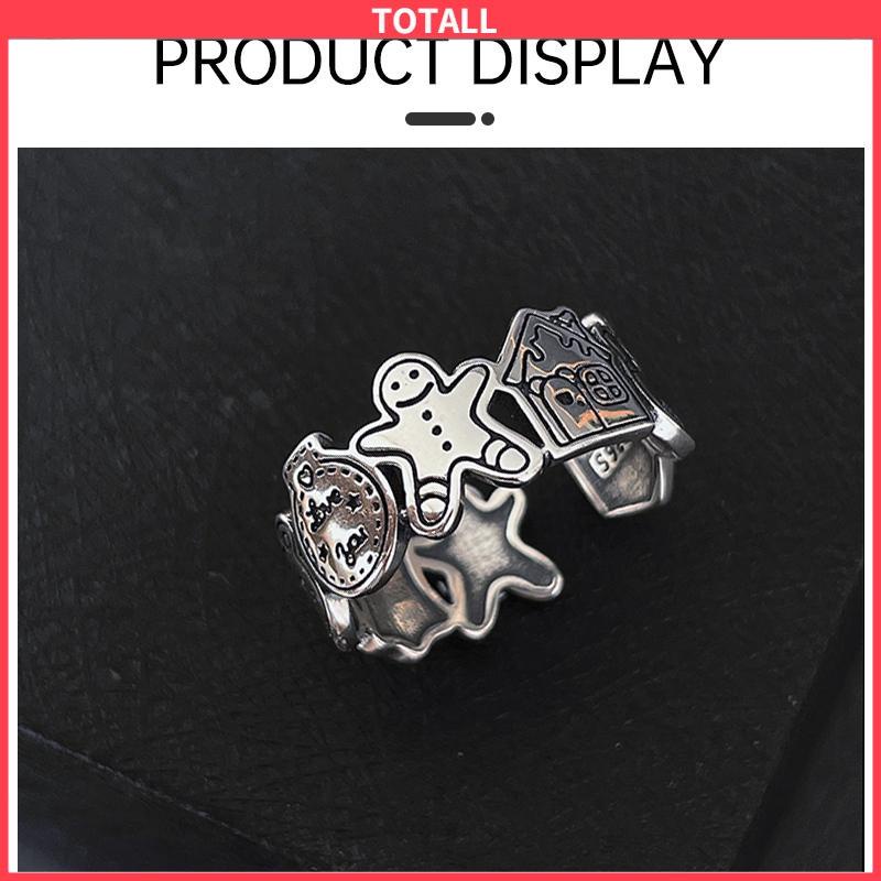 COD Grafiti Perak Gingerbread Man Cincin Terbuka Adjustable Ring Retro Korea Vintage Gaya Untuk Pria Dan Wanita-Totall