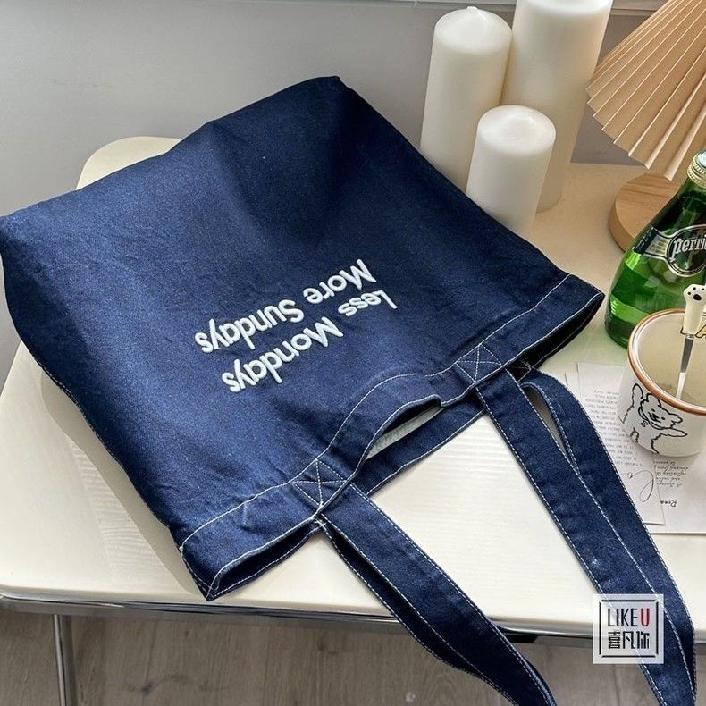 ◐▦∏Sera  Asli Bordir Gaya Korea Denim Dicuci Fashion Serbaguna Komuter Awal Delapan Satu Bahu Portabel Denim Tote Bag