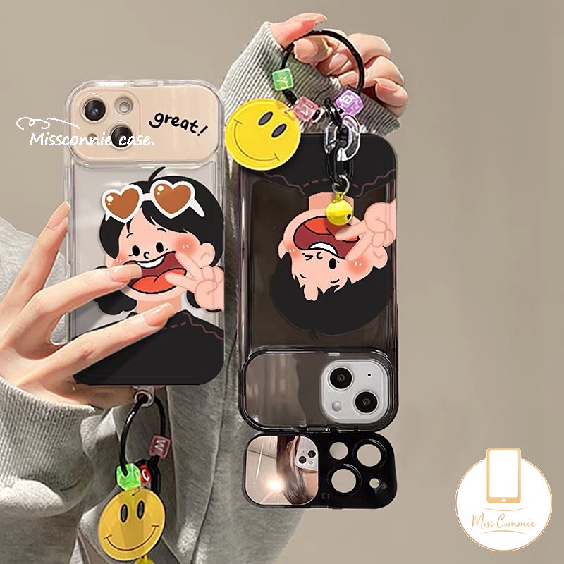 Casing Cermin Make Up Flip Kreatif Untuk Oppo A15 A5s A7 A31 A15s A57 A12 A53 A9 A5 A3s A33 A35 A77S A77 A11K Cantik Manis Pasangan Cowok Cewek Shockproof Case 3D Smiley Gelang