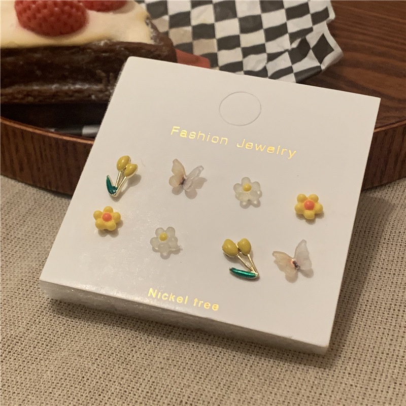 S925 Perak Jarum Bunga Tulip Anting Set Mini Fashion Kupu-Kupu Anting Korea Retro Anting Wanita