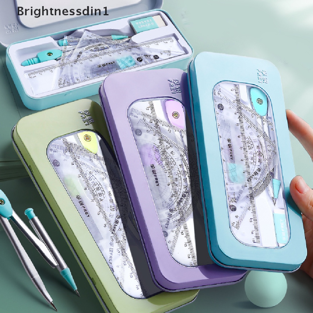 [Brightnessdin1] 7pcs Compass Math Set Untuk Siswa Dengan Kotak Penyimpanan Anti Pecah Kotak Besi Anak Penggaris Segitiga Karet Tin Pensil Case Alat Tulis Siswa Set Perlengkapan Sekolah Bou