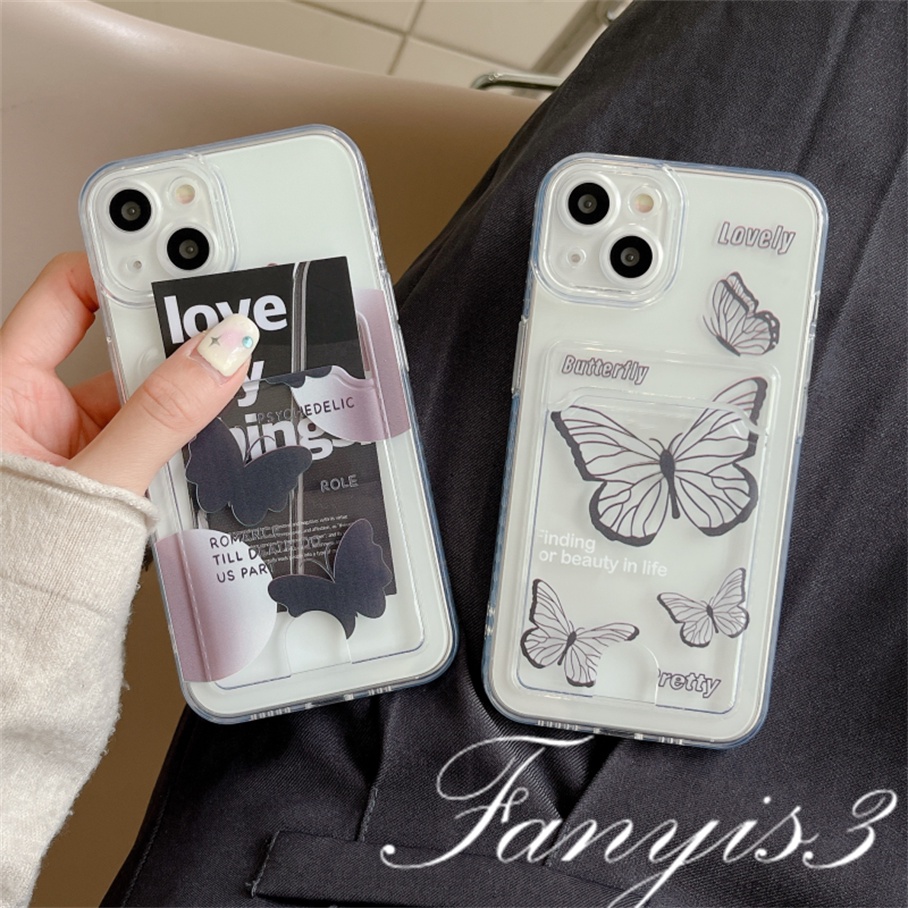 Redmi A1 Plus 10C 10A 10 9A 9C 9 9T Note 11s 10s 9s 11 10 9 8 Pro Poco X3 NFC X3Pro Mi 11 12 Lite 11T Pro Ins Black Butterfly Card Holder Phone Case Clear TPU Pelindung Lembut Sarung