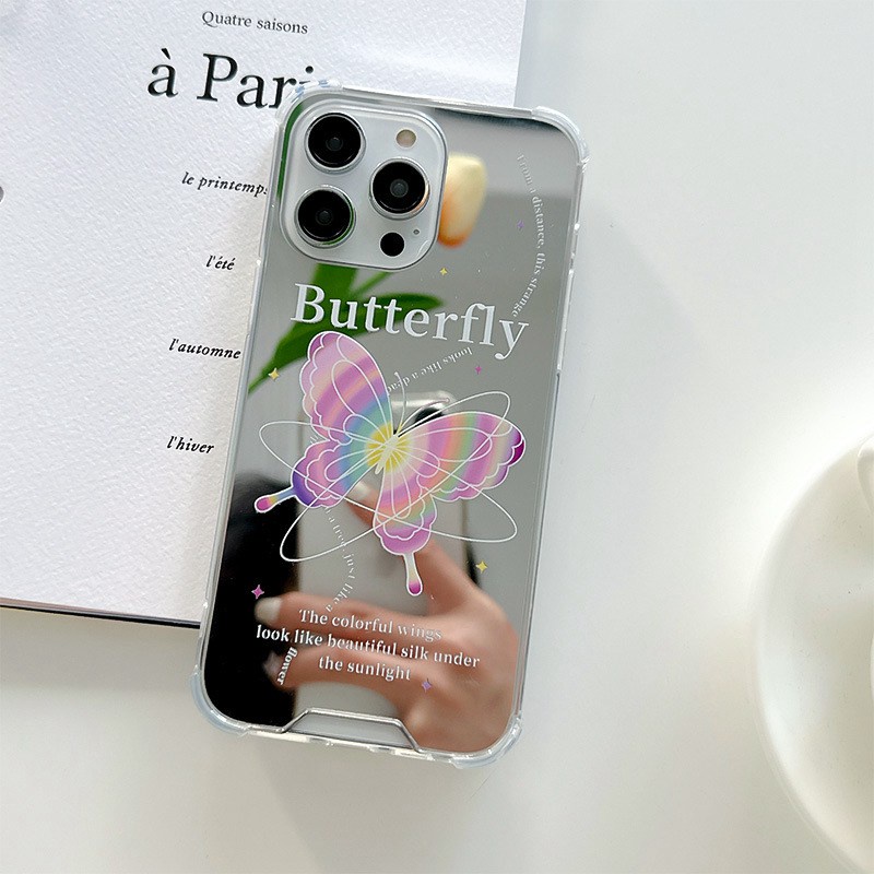 [Anti Jatuh Cermin] Pretty Silver Makeup Silikon Soft Case IPhone 6S 7 8 Plus X XR XS Max IPhone 11 12 13 14 Pro Max 14 Plus7+8 +12 13 mini Untuk Wanita Gadis Kupu-Kupu Warna-Warni