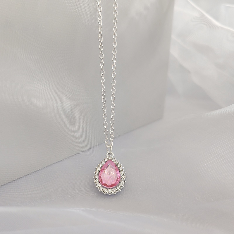 Rantai Kalung Zirkon Lucu Perak Pink Untuk Wanita Fashion Tetesan Air Bentuk Liontin Necklaces Jewelry