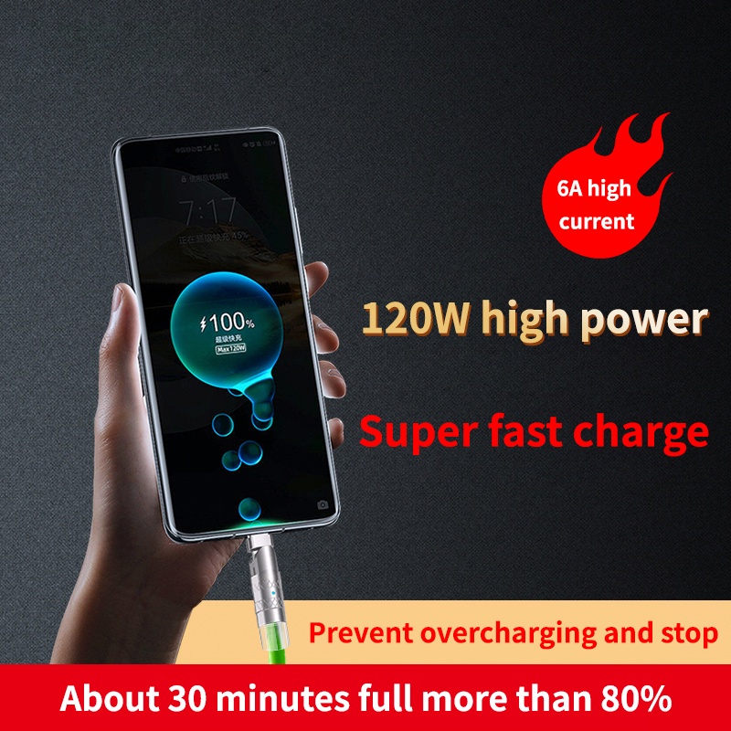 Kabel Gaming Super Fast Charging 120W 6a180° Charger Hp Tipe C Bahan Silikon Cair Untuk Sumsang iPhone