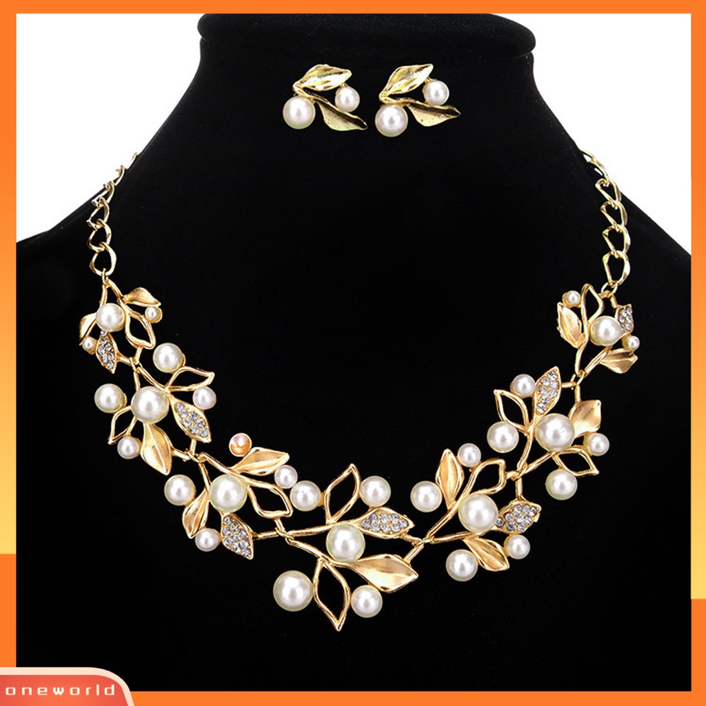 [EONE] 1set Kalung Pengantin Mempesona Berlian Imitasi Berongga Daun Splicing Elegan Mulia Mengkilap Tinggi Mutiara Imitasi Stud Earrings Kit Pernikahan Perhiasan
