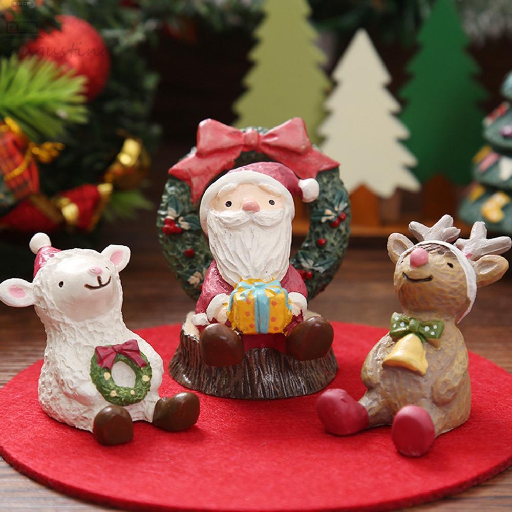 Agustinina Pohon Natal Mini Bonsai Peri Taman Patung Resin Kerajinan Santa Claus Rusa Patung Hewan Ornamen