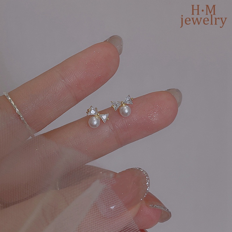 S925 Perak2023Baru Lembut Busur Mutiara Stud Anting-Anting Elegan Bermutu Tinggi Anting-Anting