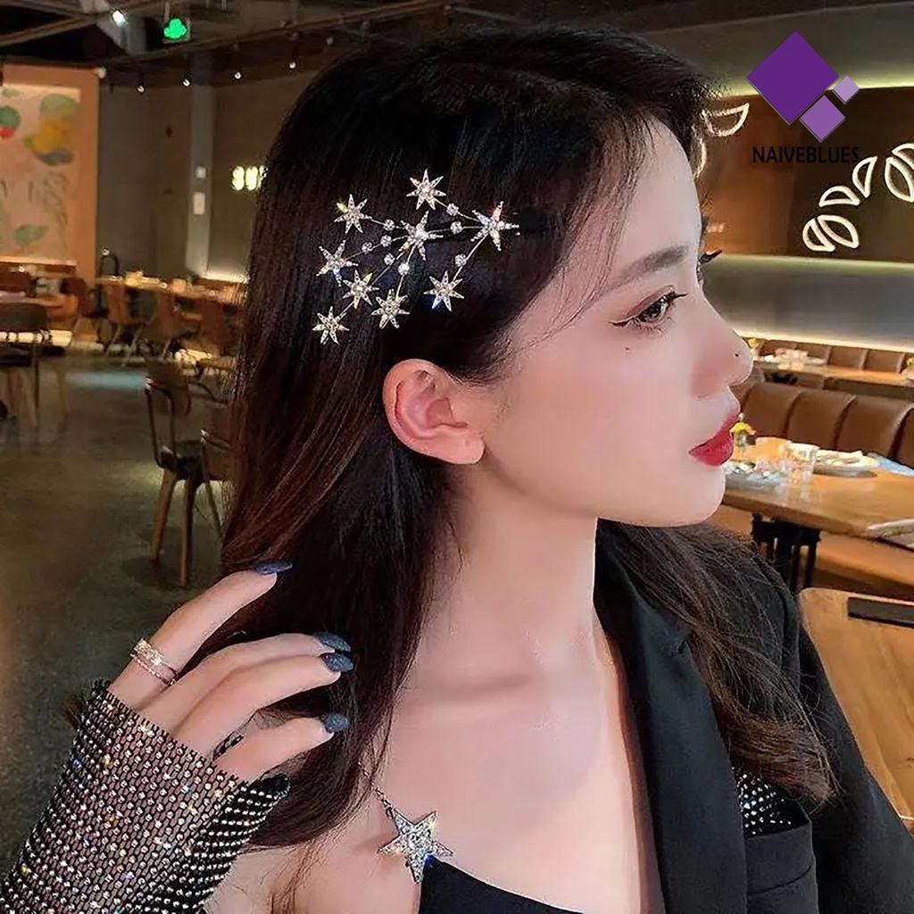 &lt; Naiveblues &gt; Duck-Bill Hair Clip Shine Rhinestones Bertatahkan Emas/Perak Bintang Klip Elegan Aksesoris Rambut Wanita Jepit Rambut