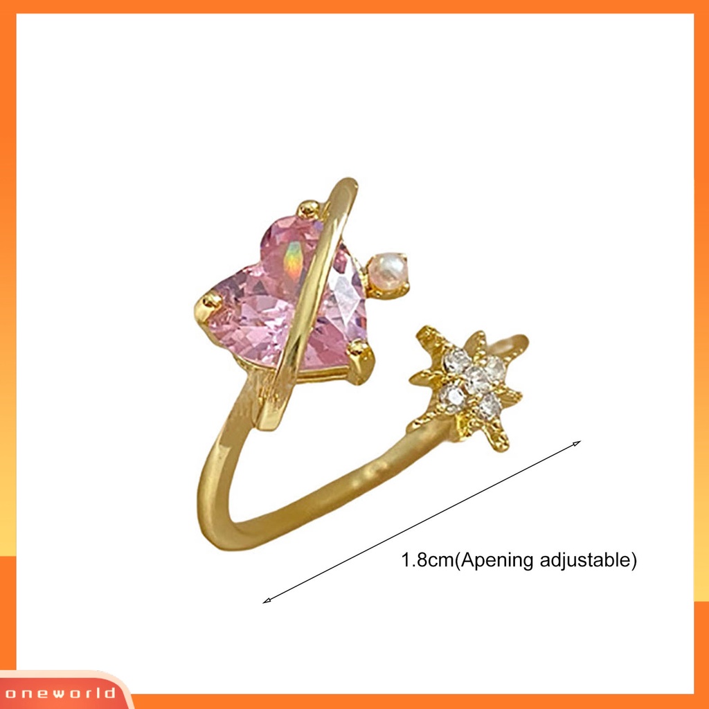 [EONE] Berlian Imitasi Bersinar Dapat Disesuaikan Wanita Cincin Pink Cubic Zirconia Jantung Pembukaan Cincin Perhiasan Aksesoris