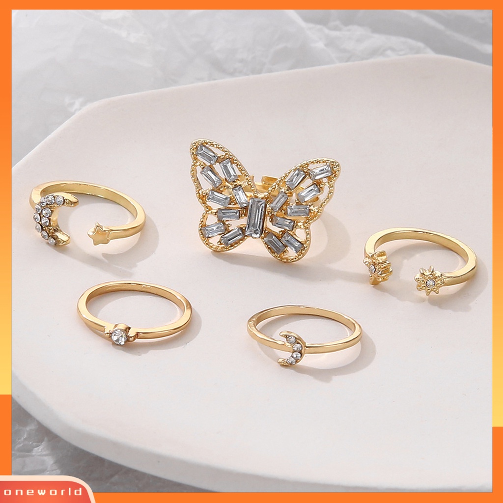 [EONE] 5 Pcs Cincin Buku Jari Kupu-Kupu Bulan Bintang Perhiasan Stackable Rhinestones Finger Rings Perhiasan Aksesoris