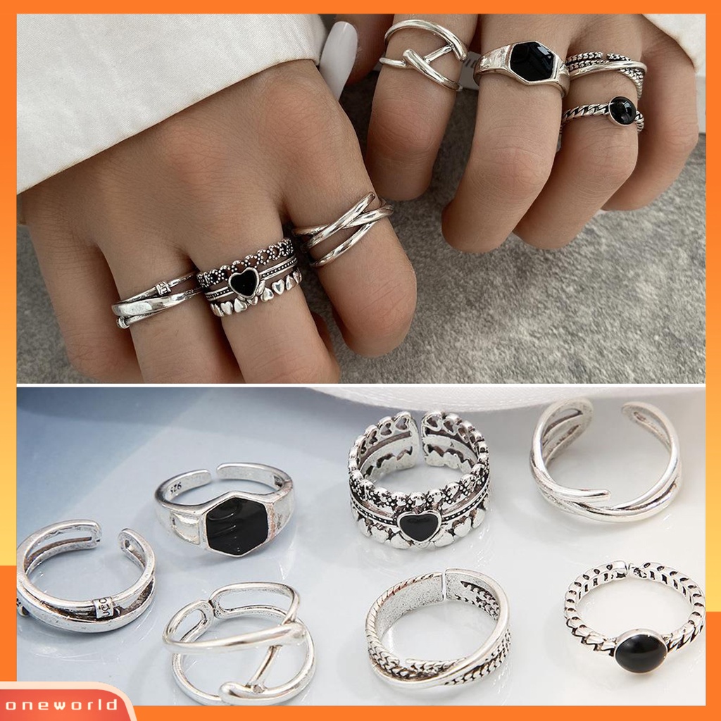 [EONE] 7pcs/set Wanita Cincin Punk Geometris Berlian Imitasi Hias Electroplating Terang Kilau Dekorasi Hadiah Wanita Cross Heart Knuckle Rings Trendy Perhiasan Untuk Pacaran