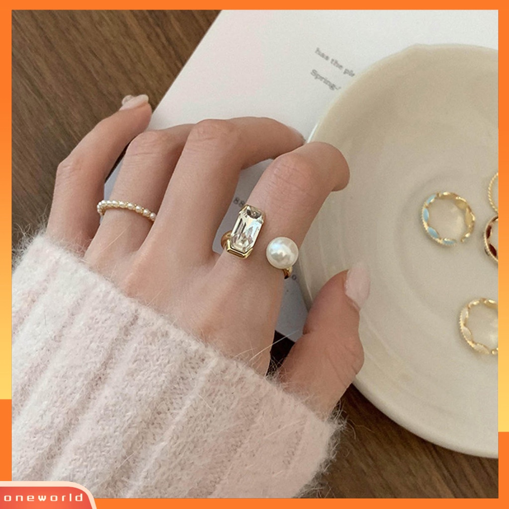[EONE] Cincin Jari Telunjuk Tidak Luntur Elektroplating Adjustable Geometris Cubic Zirconia Dekorasi Hypoallergenic Trendi Mutiara Imitasi Terbuka Cincin Pacaran Memakai