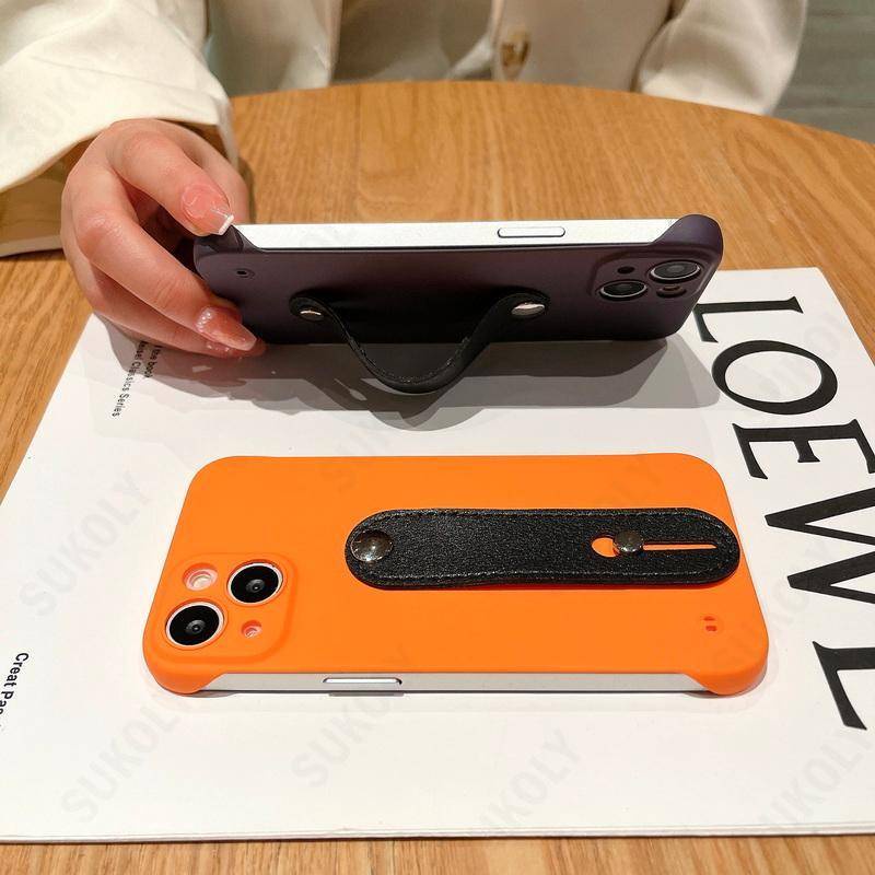 IPHONE Untuk Iphone14 13 12 Pro MAX Plus Tali Pergelangan Tangan Kulit Mewah Tanpa Bingkai Casing Ponsel Lensa Shockproof Dilindungi Stand Cover Untuk Iphone11