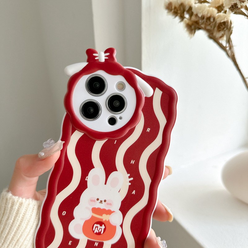 【Lamb Style】Red Wave Bunny Soft TPU Case HP iP iPhone 11 12 13 14 Pro Max 7 8 + Plus SE 2020 X XS XR Max Girl Woman FTD Casing Apple