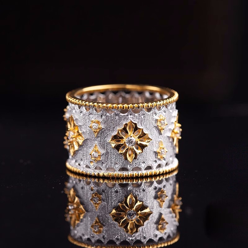 Goldkingdom Aksesoris Perhiasan Fashion Ready Stock Istana Gaya Ukiran Pengerjaan Emas Renda Rolling Bead Edge Snowflake Ring Edisi Lebar Cincin