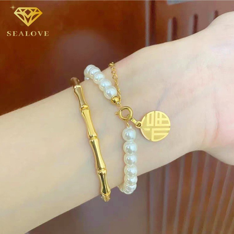 Gelang titanium Wanita Anti Karat Baling baling bambunya Emas 18K Simple Aksesoris Perhiasan Korean Style COD