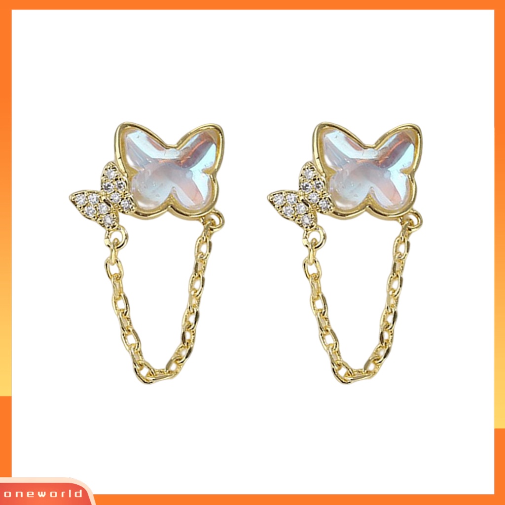 [EONE] 1pasang Ear Studs Mini Faux Moonstone Elegan Berlian Imitasi Tertanam Kupu-Kupu Rantai Wanita Anting Perhiasan Fashion