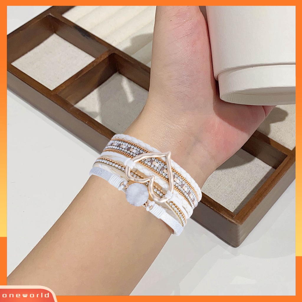 [EONE] Wanita Gelang Kulit Imitasi Cinta Hati Pesona Multi-layer Bohemia Resin Batu Hadiah Dikepang Punk Gadis Cuff Bangle Fashion Perhiasan