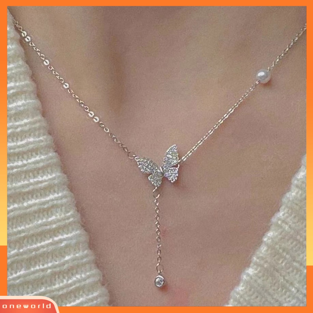 [EONE] Kalung Rumbai High-end Kupu-Kupu Mutiara Imitasi Cahaya Mewah Cubic Zirconia Leher Ornamen Temperamen Shiny Panjang Liontin Klavikula Kalung Perhiasan Aksesori