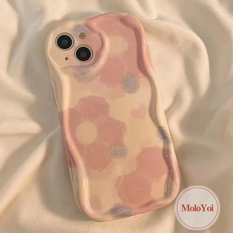 IPHONE Shockproof Case Kompatibel Untuk Iphone11 14 13 12 Pro Max 7Plus XR 6s 6 7 8 Plus X XS Max SE 2020 Ins Tinta Cinta Hati Bunga 3D Wavy Curved Edge Glossy Airbag Soft Cover